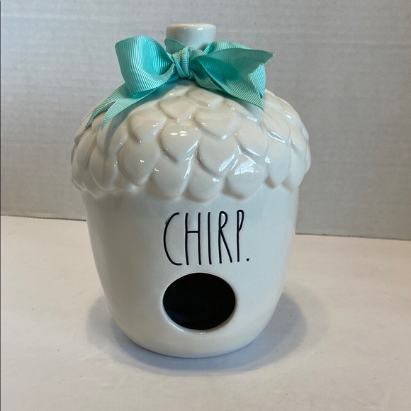 RAE DUNN ACORN “Chirp”BIRDHOUSE Teal Ribbon Detail Decor Piece  for your home - Picture 1 of 8
